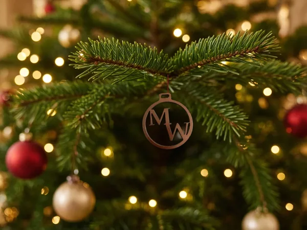 Copper MW monogram ornament shown hanging on a lit Christmas tree
