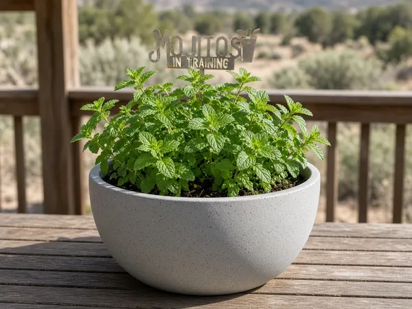 MOJITOS IN TRAINING garden stake shown in a mint planter on a deck with high-desert scrub behind