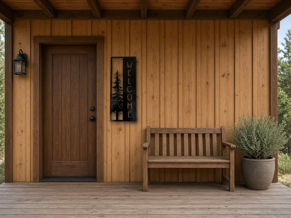 Pine tree welcome sign shown on a wood-sided front porch beside the front door